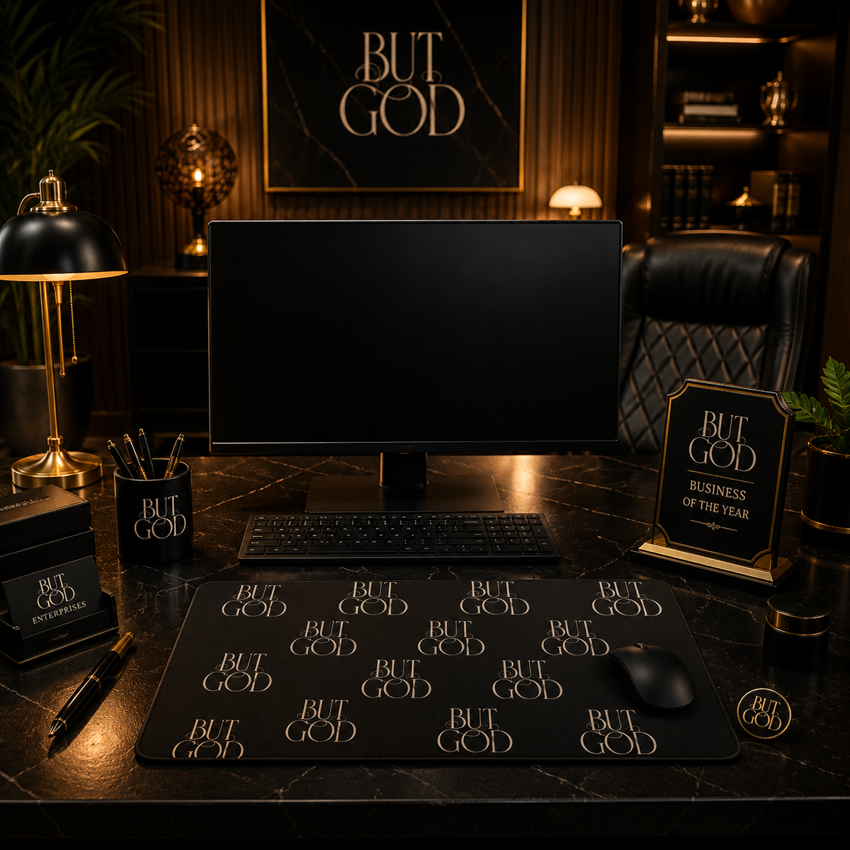 But God Black Pattern Desk Pad
